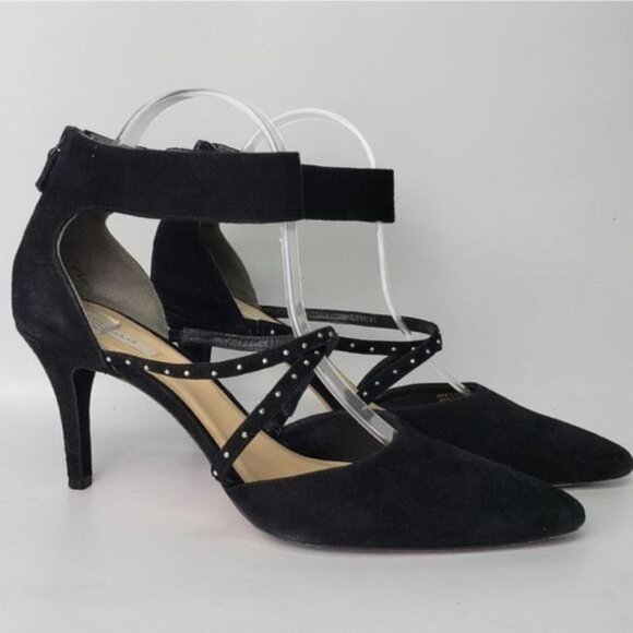 Cole Haan Black Suede Heels Stud Detail Size 10B Ankle Strap Cocktail Wedding - Picture 4 of 15